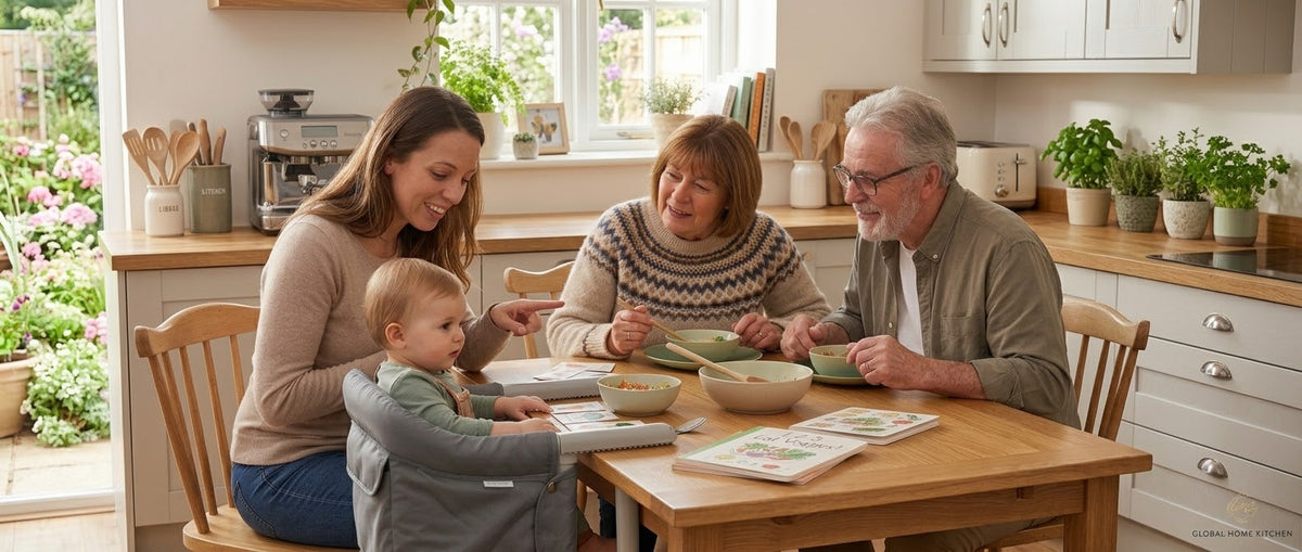 A family of four shares a meal together at a wooden dining table in a bright, modern kitchen while their baby is sitting with them on a hook on high chair. A woman in a gray hoodie sits at the head of the table with a toddler, while an older woman and man sit across from her.